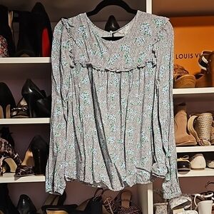 Crown & Ivy Blue Ruffled Blouse with Long Puff Sleeves and Bib Collar